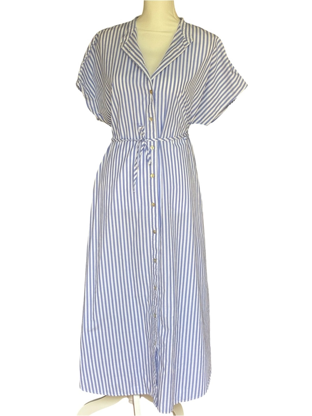 Zara 100% Cotton Preppy Tie Waist Blue White Striped Midi Shirt Dress NWOT Sz S